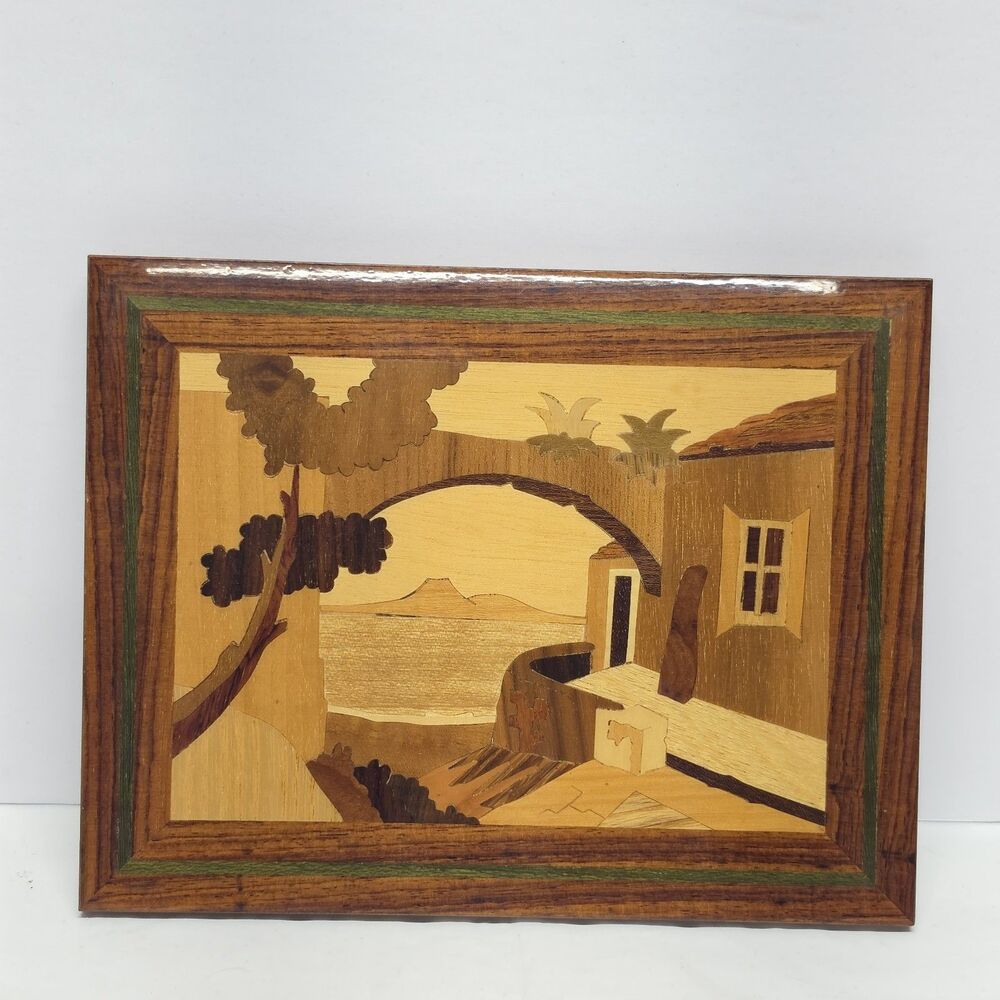 Vintage Marquetry Art Italian Village Inlaid Wood Mosaic Picture Wall Art MCM